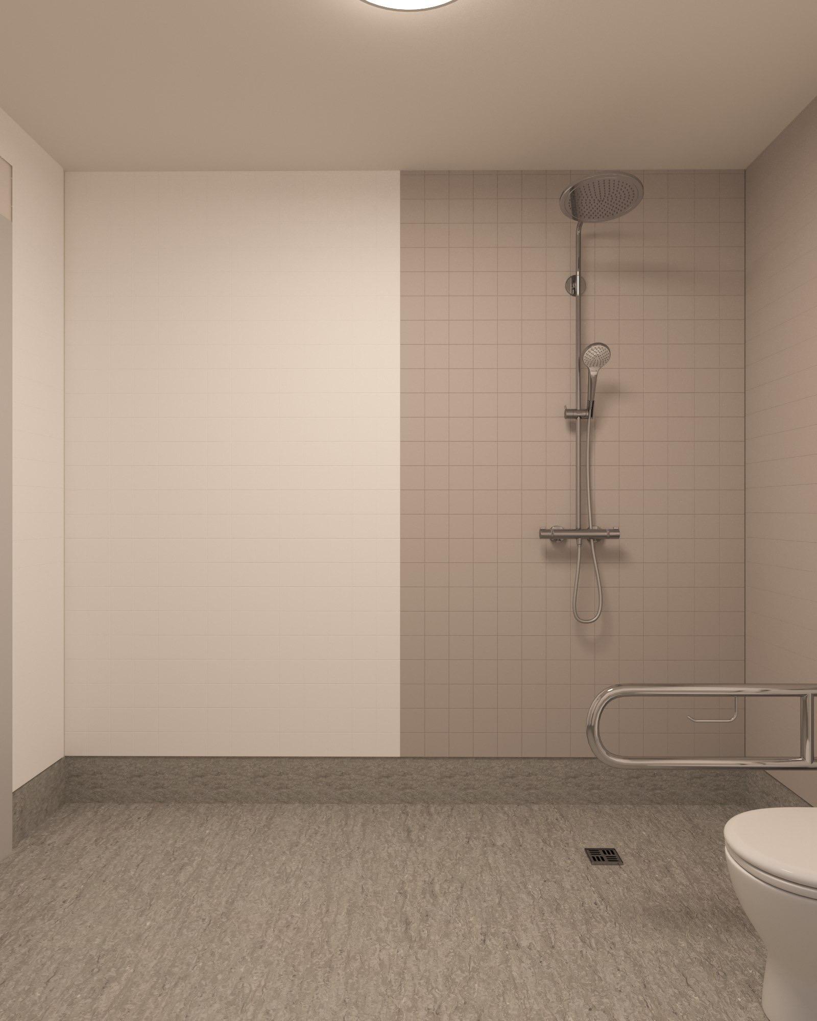 Tillgänglig dusch i LSS Nocken med väggmonterad dusch och säkerhetsstöd.