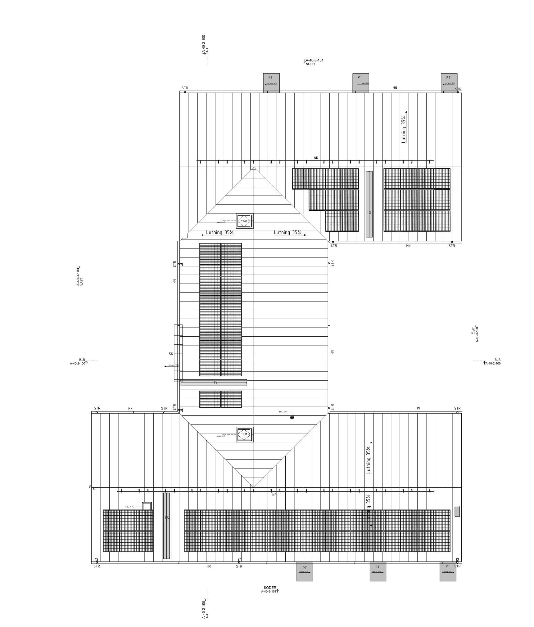 Arkitektritning av takplan för LSS Nocken, med markerade ytor och tekniska detaljer.