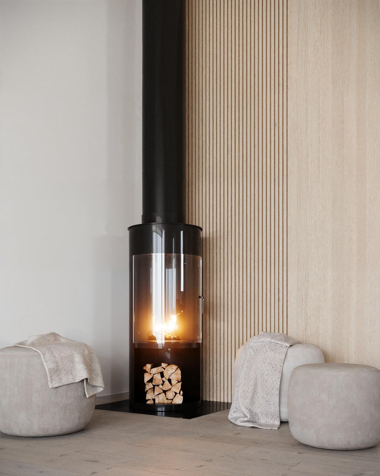 Interiörvisualisering som visar en modern, fristående braskamin i svart metall mot en bakgrund av ljus träpanel.