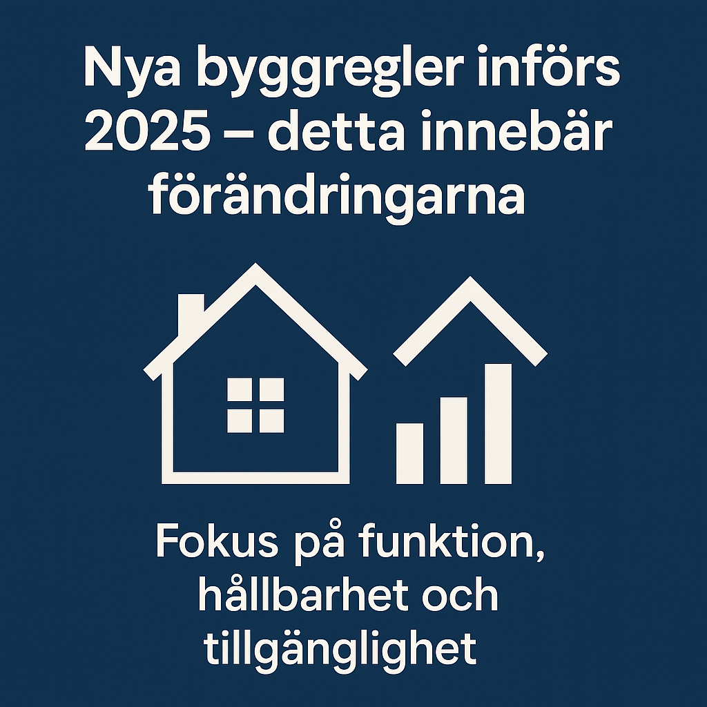 Illustration av nya byggregler i Sverige 2025 – digital grafik med modern byggnad och rubrik som symboliserar förändringar i bygglagstiftningen.