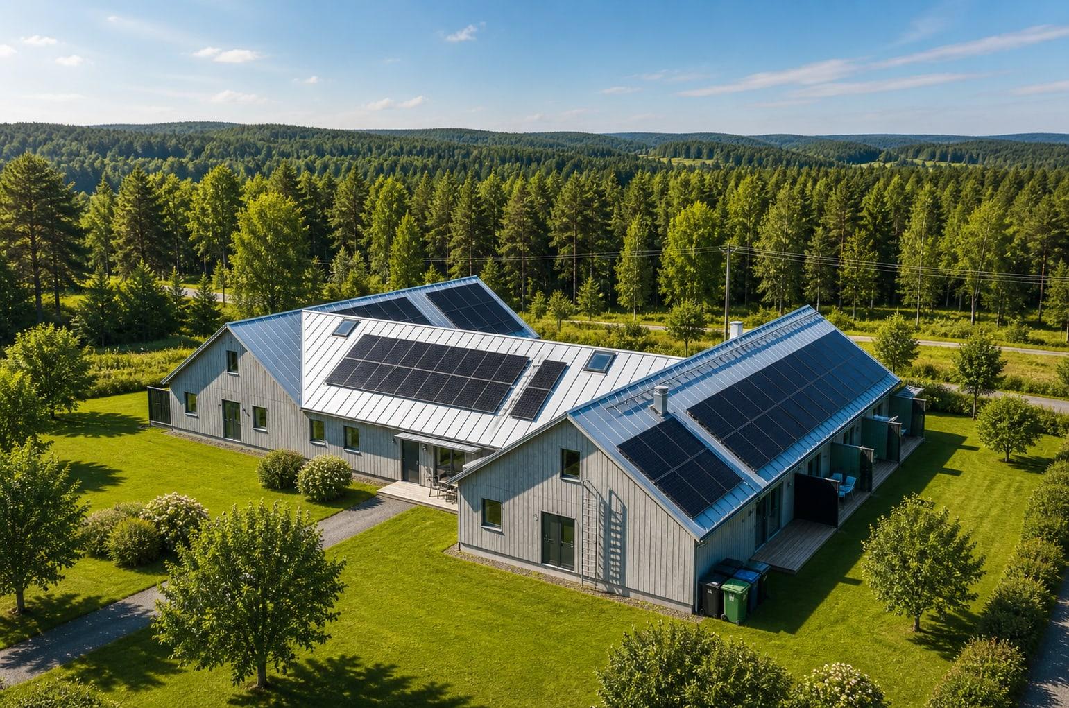Flygfoto över LSS Nocken i Sollentuna – modernt LSS-boende med solpaneler på taket, omgivet av grönska och natur.