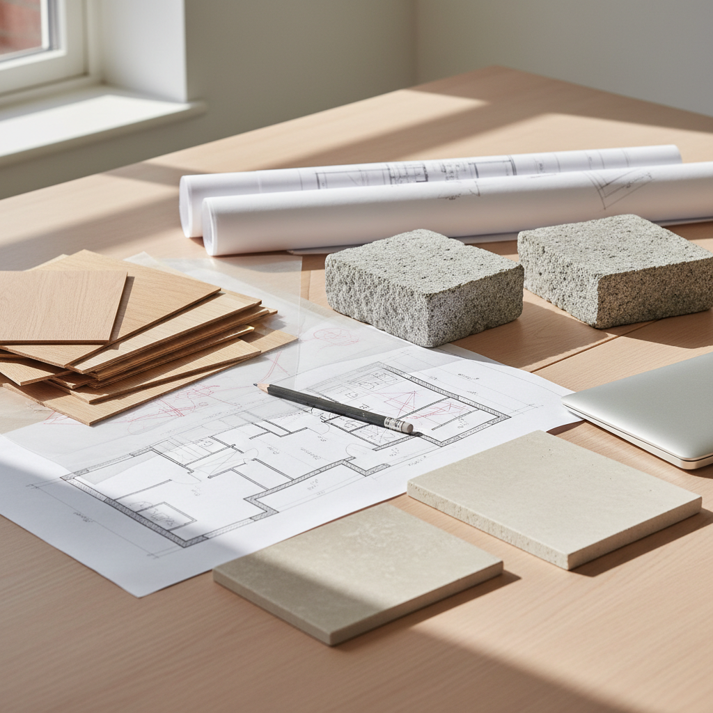 Illustration av arkitektprocess med ritningar, materialprov och planering för lokalanpassning